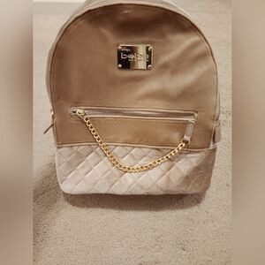 Bebe Deadstock Retro Tan Beige Large Velvet Quilted Backpack Gold Chain NWOT